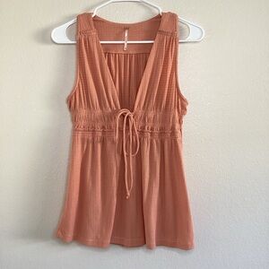 Free People Womens XS Peach Boho Babydoll Tank Top Tie Front Peplum Ribbed